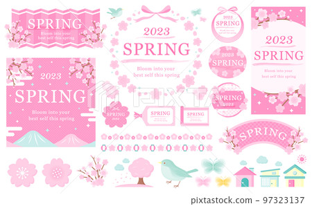 春天般的日本風格現代櫻花框架和矢量插圖集材料_透明背景 97323137