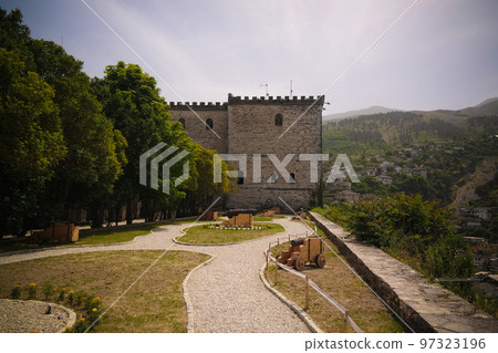 Panoramic view to Gjirokastra castle with the wall, Gjirokaster, Albania Panoramic view to Gjirokastra castle with the wall, Gjirokaster, Albania 97323196