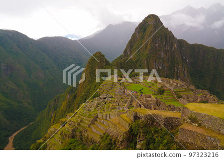 Aerial Panoramic view to Machu Picchu archaeological site and Huayna Picchu mountain , Cuzco, Peru Aerial Panoramic view to Machu Picchu archaeological site and Huayna Picchu mountain , Cuzco, Peru 97323216
