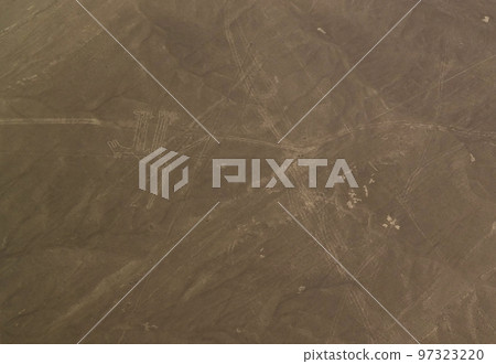 Aerial airplane panoramic view to Nazca geoglyph lines aka Dog, Ica, Peru Aerial airplane panoramic view to Nazca geoglyph lines aka Dog, Ica, Peru 97323220