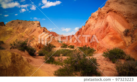 Panorama of Skazka aka Fairytale canyon, Issyk-Kul, Kyrgyzstan 97323223