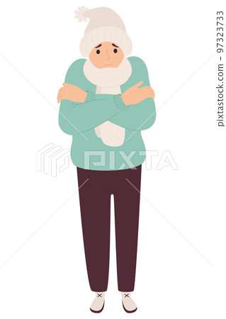 Unhappy man freezing wearing and shivering. Cartoon flat vector illustration. Winter season, suffering of low degrees temperature and colds and feeling unwell 97323733