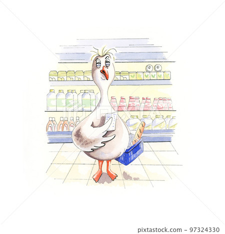 Customer character with shopping list holding a shopping cart, buying groceries in the supermarket. Customer character with shopping list holding a shopping cart, buying groceries in the supermarket. 97324330