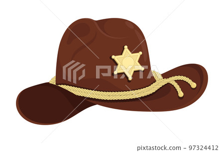 Brown sheriff hat with hexagonal gold star. Headdress with symbol of law enforcement officer. Cartoon vector isolated on white background Brown sheriff hat with hexagonal gold star. Headdress with symbol of law enforcement officer. Cartoon vector isolated on white background 97324412