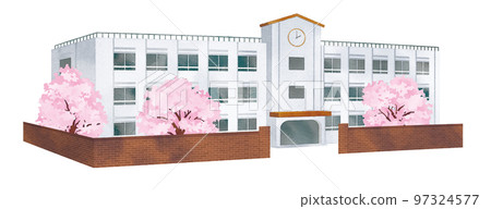 水彩風格的櫻花和校舍 97324577