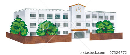 水彩風格的校舍和樹木學校的風景 97324772