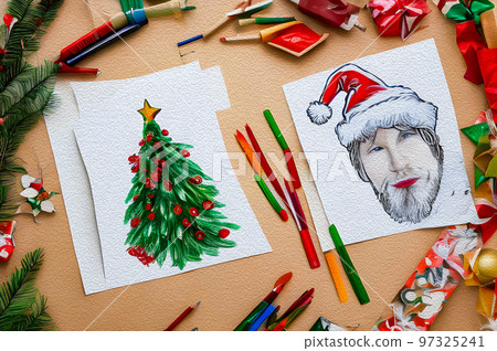 Winter season holiday, Christmas, New Year. Christmas concept. Children's drawings in pencil and paints. 97325241