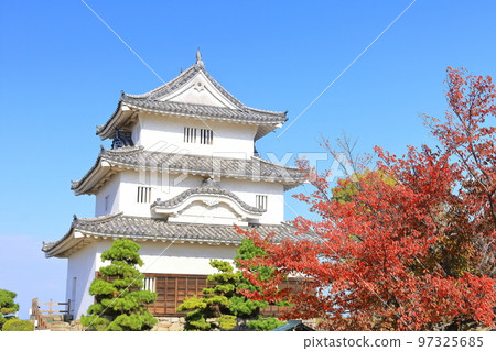 [Kagawa Prefecture] Marugame Castle in autumn with bright red leaves (existing castle tower and stone walls) 97325685