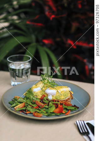 Traditional vegetarian egg benedict, poached egg Traditional vegetarian egg benedict, poached egg 97326708