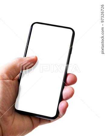 Hand holding a smartphone with blank screen. Isolated on white. 97326726