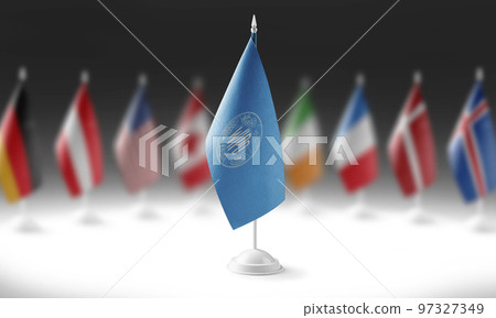 The national flag of the International Intellectual Property Organization on the background of flags of other countries 97327349