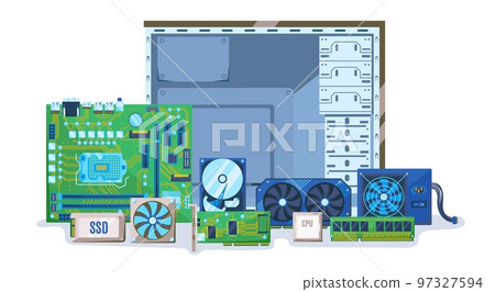 PC components. Computer case with electronic hardware parts. Build or upgrade personal computer vector illustration 97327594