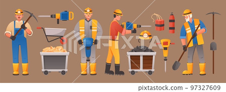 Cartoon miners and equipment. Digger character with mining tools, helmet, pick and jackhammer. Miner trolley with gold and coal vector set 97327609