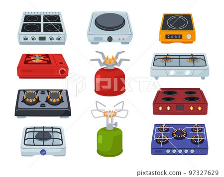 Cartoon stoves. Kitchen electric hob, camping stove gas burner and cooking fire vector illustration set 97327629