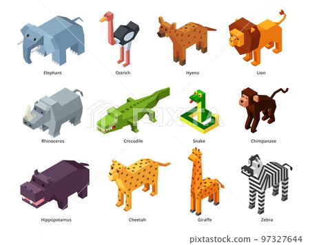 Isometric african animals. Low poly zoo, polygonal alligator, lion and giraffe. Monkey, snake, elephant toy and zebra 3D game vector set 97327644