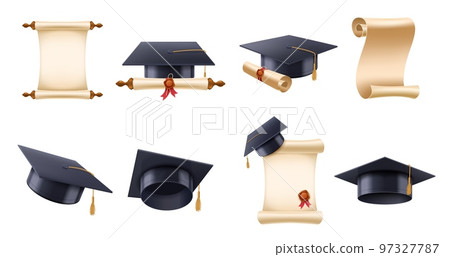 Realistic graduation hat and diploma. High school, college or university cap with bachelor degree scroll, academic graduate certificate vector Realistic graduation hat and diploma. High school, college or university cap with bachelor degree scroll, academic graduate certificate vector 97327787