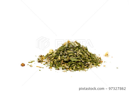 Pile of salted salad herbs isolated on white background Pile of salted salad herbs isolated on white background 97327862