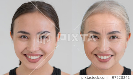 Portrait of a smiling young Asian woman and her old copy. Beauty concept before and after. 97328241