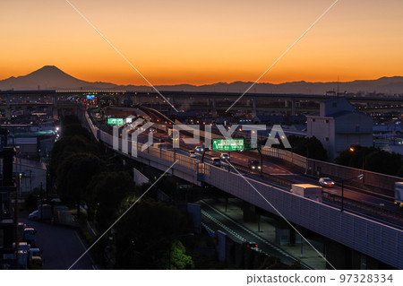《Saitama Prefecture》 Night view and traffic image of Bijogi Junction and Mt. Fuji 《Saitama Prefecture》 Night view and traffic image of Bijogi Junction and Mt. Fuji 97328334