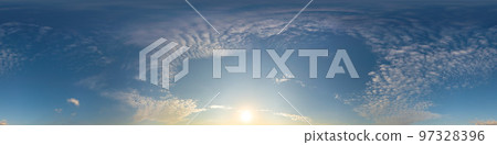 Blue summer sky panorama with light Cirrus clouds. Hdr seamless spherical equirectangular 360 panorama. Sky dome or zenith for 3D visualization and sky replacement for aerial drone 360 panoramas. Blue summer sky panorama with light Cirrus clouds. Hdr seamless spherical equirectangular 360 panorama. Sky dome or zenith for 3D visualization and sky replacement for aerial drone 360 panoramas. 97328396