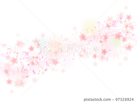 優美的旋律流動、櫻花框架和音符、背景 97328924