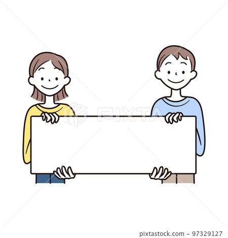 亞洲男人和女人拿著複印空間 - 圖庫插圖 97329127