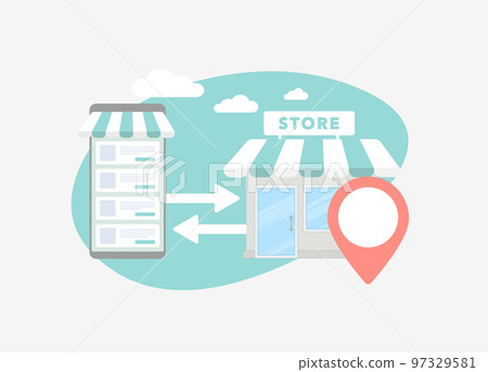 Online to offline - O2O ecommerce concept. Pickup, fitting and checking online order from an offline store. Mobile shopping and mall store building retail marketing strategy 97329581
