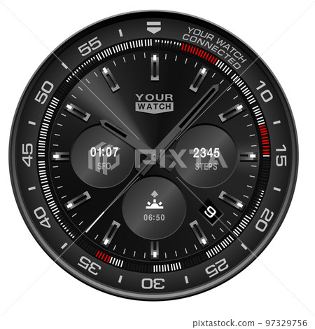 Realistic watch clock chronograph stainless steel black face dashboard design modern luxury fashion object for men on white background vector Realistic watch clock chronograph stainless steel black face dashboard design modern luxury fashion object for men on white background vector 97329756