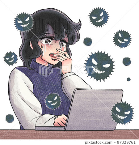 Old girl manga-style illustration, a woman crying because her laptop computer is infected with a virus Old girl manga-style illustration, a woman crying because her laptop computer is infected with a virus 97329761