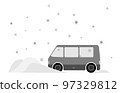 A minibus stuck in a snowdrift. Winter driving. Clearing snow-covered equipment. 97329812