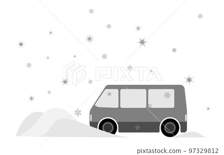 A minibus stuck in a snowdrift. Winter driving. Clearing snow-covered equipment. 97329812