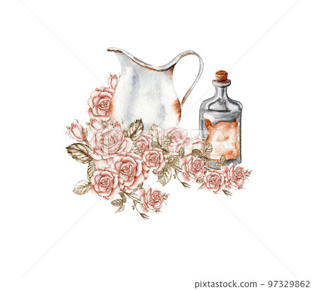 Watercolor illustration of rusty element with roses. An old rusty enamel element. Hand-drawn in watercolour on a white background. Perfect for wedding invitation, greetings card, posters,party decor. Watercolor illustration of rusty element with roses. An old rusty enamel element. Hand-drawn in watercolour on a white background. Perfect for wedding invitation, greetings card, posters,party decor. 97329862