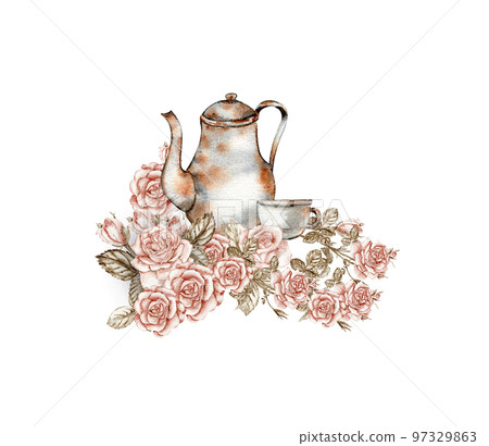 Watercolor illustration of rusty element with roses. An old rusty enamel element. Hand-drawn in watercolour on a white background. Perfect for wedding invitation, greetings card, posters,party decor. Watercolor illustration of rusty element with roses. An old rusty enamel element. Hand-drawn in watercolour on a white background. Perfect for wedding invitation, greetings card, posters,party decor. 97329863