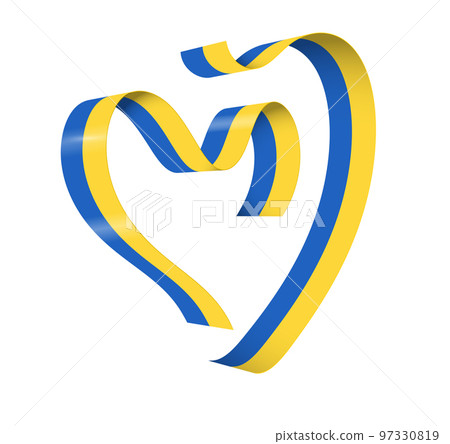 Ukraine national color ribbon flag in form of heart. Yellow and blue stripe abstract ribbor silhouette for support people in war with Russia Ukraine national color ribbon flag in form of heart. Yellow and blue stripe abstract ribbor silhouette for support people in war with Russia 97330819