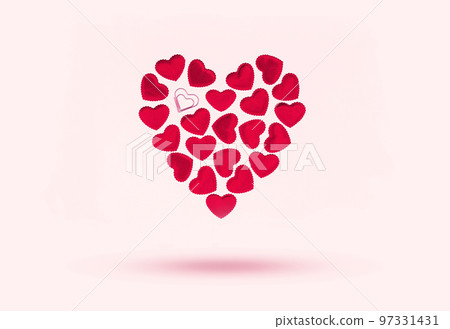 St Valentines day or thank you concept. Floating Many magenta red hearts form bigger heart shape. Love or wedding concept with a paper clip 97331431