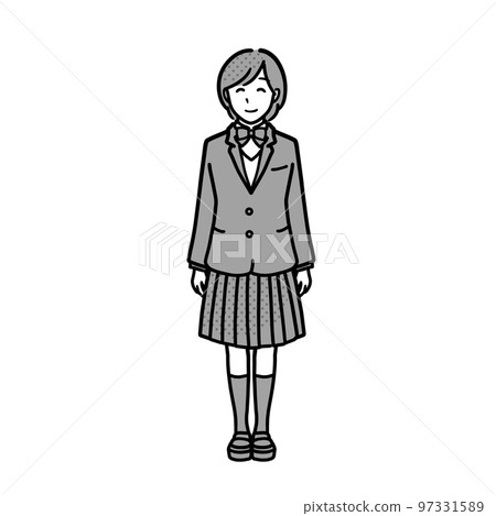 穿著西裝外套制服的女學生全身圖單色正面圖 穿著西裝外套制服的女學生全身圖單色正面圖 97331589