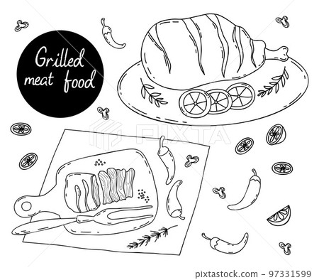 BBQ meat. Grilled pork leg and piece of fried meat on kitchen board with chili peppers and piece of lime.Vector illustration. Isolated linear hand drawn doodles. Mexican popular grilled meat food. BBQ meat. Grilled pork leg and piece of fried meat on kitchen board with chili peppers and piece of lime.Vector illustration. Isolated linear hand drawn doodles. Mexican popular grilled meat food. 97331599