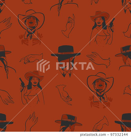 Hand drawn abstract vector graphic illustration boho cowgirl in hat seamless pattern.Western female design concept.Bohemian wild west contemporary art.Cowboy girl modern drawing.American cowgirls. Hand drawn abstract vector graphic illustration boho cowgirl in hat seamless pattern.Western female design concept.Bohemian wild west contemporary art.Cowboy girl modern drawing.American cowgirls. 97332144