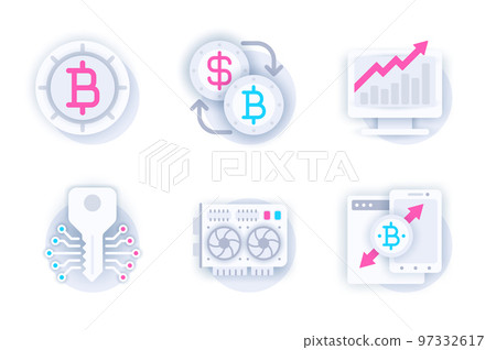 Cryptocurrency web concept of 3d paper icons set. Pack flat pictograms of bitcoin, currency exchange, profit growth, cryptography, blockchain, crypto farm. Vector elements for mobile app and website 97332617