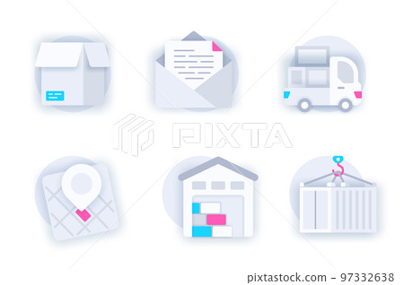 Delivery service web concept of 3d paper icons set. Pack flat pictograms of parcel box, letter in envelope, truck, location tracking, warehouse, container. Vector elements for mobile app and website 97332638
