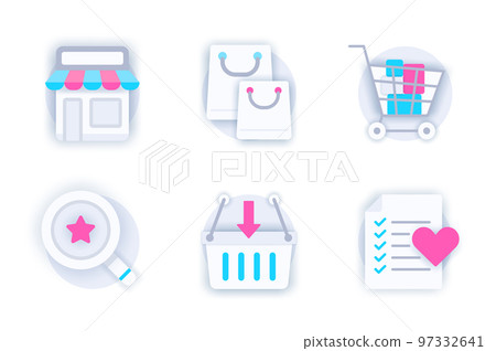 Shopping web concept of 3d paper icons set. Pack flat pictograms of purchases, shop bags, store, supermarket trolley, searching goods, basket and wish list. Vector elements for mobile app and website 97332641