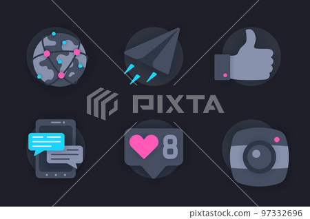 Social network web concept of 3d paper icons set. Pack flat pictograms of global internet, online communication, chat messages, photo, likes and thumbs up. Vector elements for website in dark style 97332696