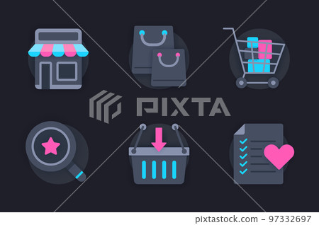 Shopping web concept of 3d paper icons set. Pack flat pictograms of making purchases, choosing goods from wish list, shopping in stores or supermarkets. Vector elements for website in dark style Shopping web concept of 3d paper icons set. Pack flat pictograms of making purchases, choosing goods from wish list, shopping in stores or supermarkets. Vector elements for website in dark style 97332697