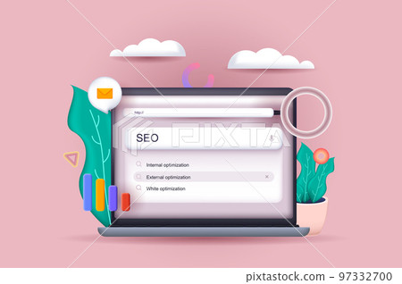 SEO optimization concept 3D illustration. Icon composition with settings and promotion, increasing traffic, data analysis in browser on computer screen. Vector illustration for modern web design SEO optimization concept 3D illustration. Icon composition with settings and promotion, increasing traffic, data analysis in browser on computer screen. Vector illustration for modern web design 97332700