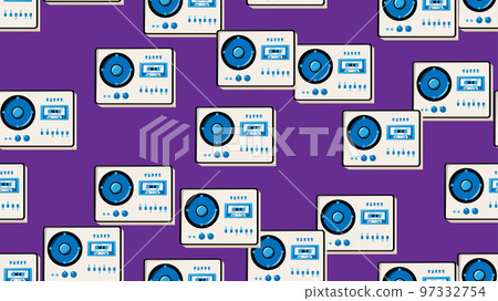 Seamless pattern endless with music audio cassette old retro tape recorders vintage hipster from 70s, 80s, 90s isolated on purple background. Vector illustration 97332754