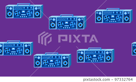 Seamless pattern endless with music audio cassette old retro tape recorders vintage hipster from 70s, 80s, 90s isolated on purple background. Vector illustration 97332764