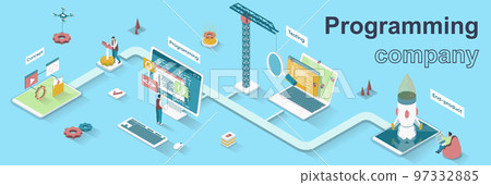 Programming company concept 3d isometric web banner. People develop software and programs, write code, test, optimize and launch product. Vector illustration for landing page and web template design Programming company concept 3d isometric web banner. People develop software and programs, write code, test, optimize and launch product. Vector illustration for landing page and web template design 97332885