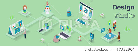 Design studio concept 3d isometric web banner. People work on creative project, make graphics and logos, select colors, develop interfaces. Vector illustration for landing page and web template design 97332904