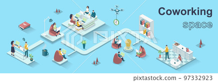 Coworking space concept 3d isometric web banner. People working in open office, brainstorming, business communication and teamwork. Vector illustration for landing page and web template design 97332923