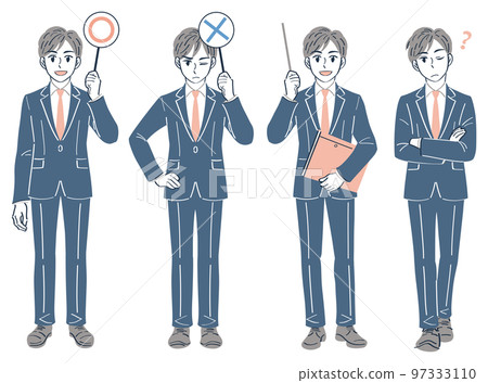 A man in a business suit Full-body illustration set of facial expression poses (Marubatsu 〇× tag Teaching with a pointing stick Questions) 97333110